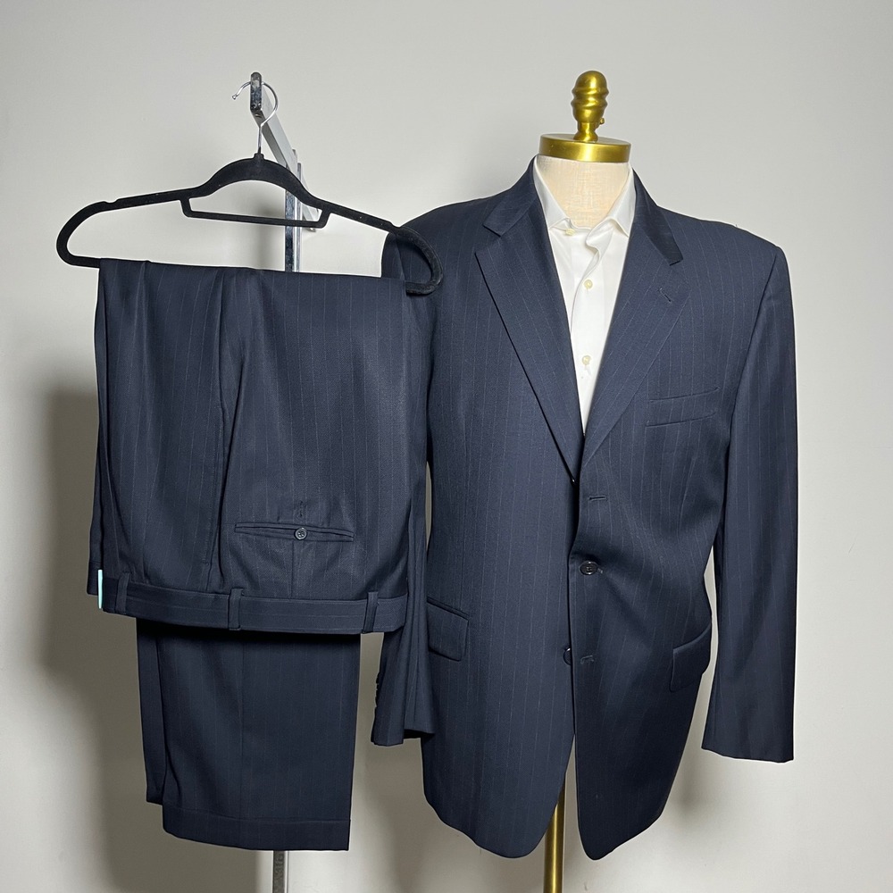 Joseph Abboud Vintage Suit Mens 42R 36W Navy Blue Pinstripe Wool Saks Fifth Ave